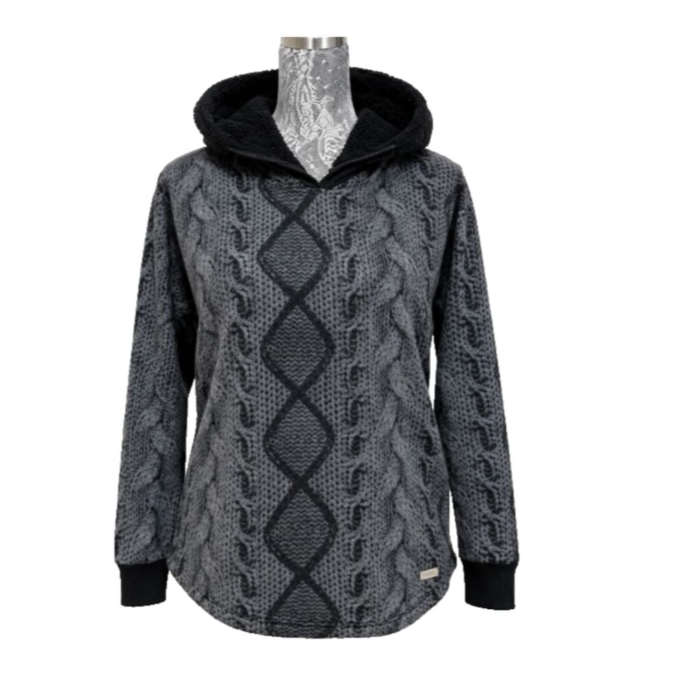 Kensie Women XS Black Gray Snake Sherpa Hood Hoodie Pullover Sweater Long Sleeve